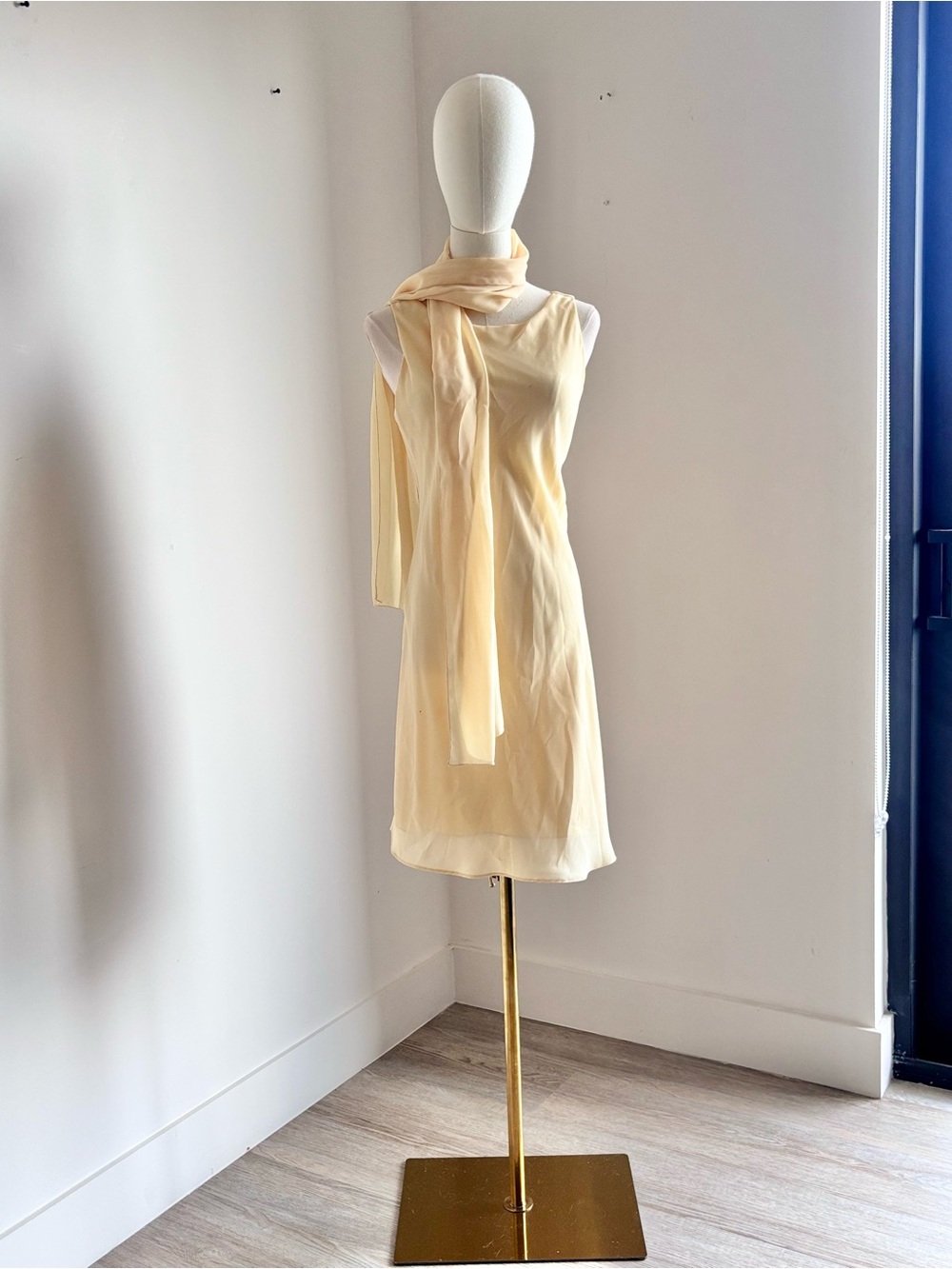 Alyn Paige Pale Yellow Sleeveless Chiffon Mini Dress with Scarf
